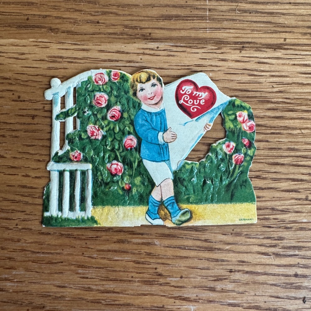 Vintage German Valentine Card Boy‎ Roses Heart To My Love Die Cut Embossed